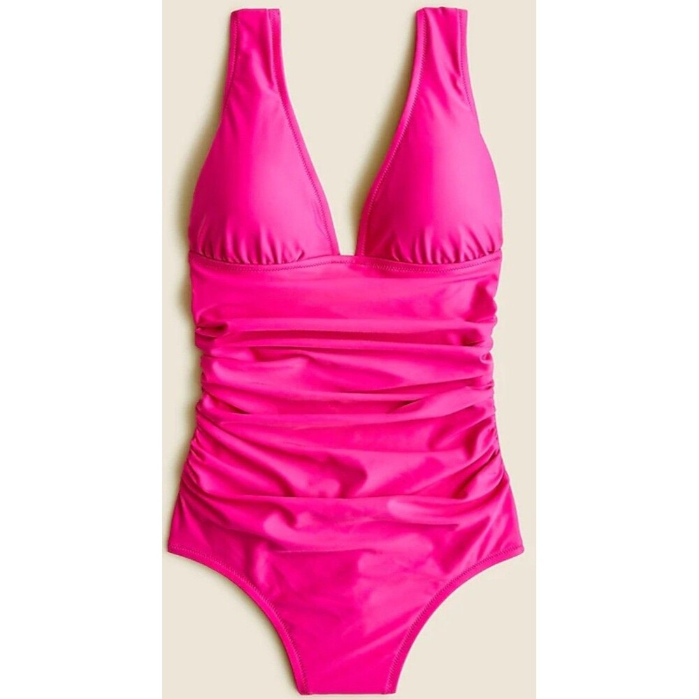 J. Crew Ruched V-neck One Piece Swimsuit Size 8 Radiant Fuchsia NEW Modest Sexy